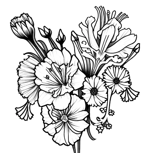 carnation, daffodil, cosmos, Gladiolus, chrysanthemums   tattoo design idea