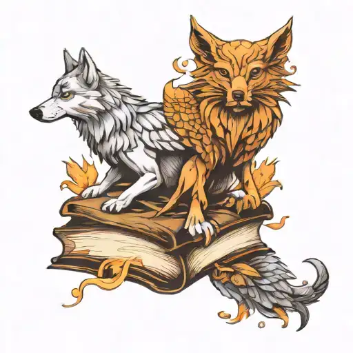 books, wolf, and Phoenix tattoo design idea