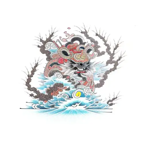 Raijin with drums lightning and cherry blossoms tattoo design idea