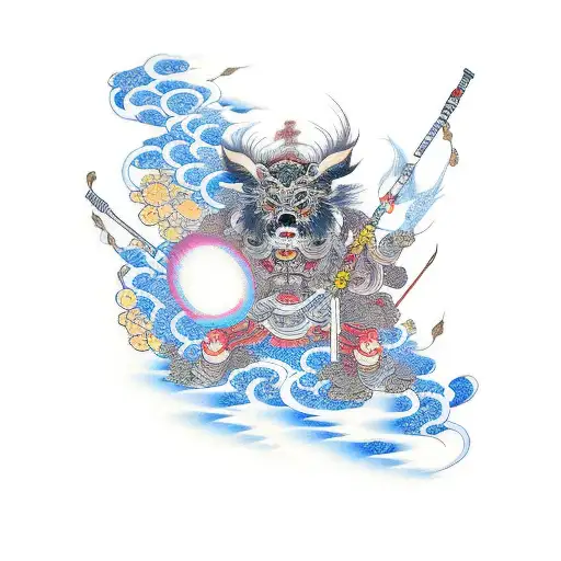 Raijin with drums lightning and cherry blossoms tattoo design idea