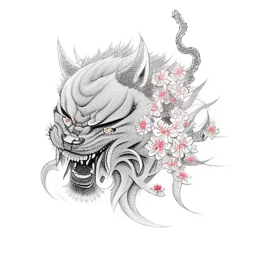Realistic portrait of Raijin surrounded by cherry blossoms tattoo design idea