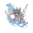 Raijin with drums lightning and cherry blossoms tattoo design idea