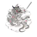 Raijin with drums lightning and cherry blossoms tattoo design idea
