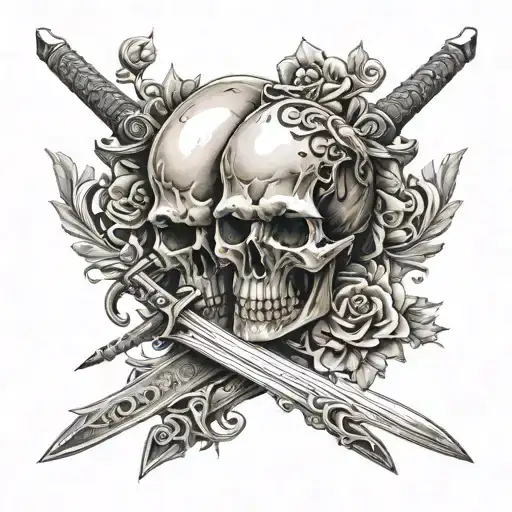 two swords crossing each other with skulls on the hilts tattoo design idea