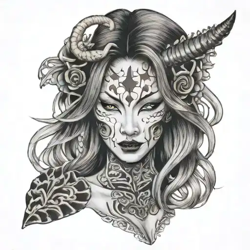 half body portrait of a beautiful woman with long hair holding an hannya  mask in her left arm  tattoo design idea