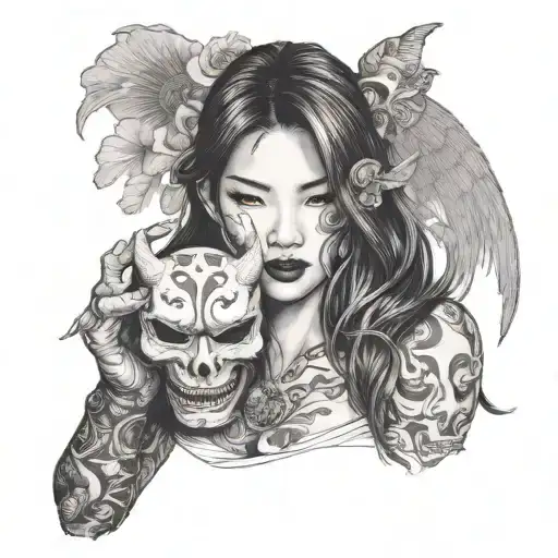 half body portrait of a beautiful woman with long hair holding an hannya  mask in her left hand   tattoo design idea