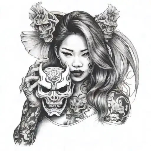 half body portrait of a beautiful woman with long hair holding an hannya  mask in her left hand   tattoo design idea