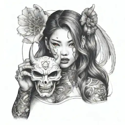 half body portrait of a beautiful woman with long hair holding an hannya  mask in her left hand   tattoo design idea