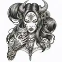 half body portrait of a beautiful woman with long hair holding an hannya  mask in her left hand   tattoo design idea