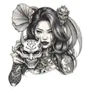 half body portrait of a beautiful woman with long hair holding an hannya  mask in her left hand   tattoo design idea