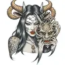 half body portrait of a beautiful woman with long hair holding an hannya  mask in her left hand   tattoo design idea