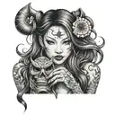 half body portrait of a beautiful woman with long hair holding an hannya  mask in her left hand   tattoo design idea