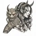 half body portrait of a beautiful woman with long hair holding an hannya  mask in her left arm  tattoo design idea