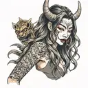 half body portrait of a beautiful woman with long hair holding an hannya  mask in her left arm  tattoo design idea