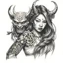half body portrait of a beautiful woman with long hair holding an hannya  mask in her left arm  tattoo design idea