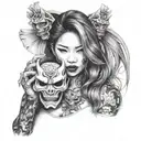 half body portrait of a beautiful woman with long hair holding an hannya  mask in her left hand   tattoo design idea