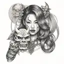 half body portrait of a beautiful woman with long hair holding an hannya  mask in her left hand   tattoo design idea