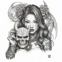 half body portrait of a beautiful woman with long hair holding an hannya  mask in her left hand   tattoo design idea