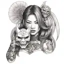 half body portrait of a beautiful woman with long hair holding an hannya  mask in her left hand   tattoo design idea