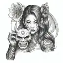 half body portrait of a beautiful woman with long hair holding an hannya  mask in her left hand   tattoo design idea