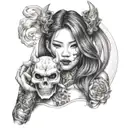 half body portrait of a beautiful woman with long hair holding an hannya  mask in her left hand   tattoo design idea
