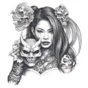 half body portrait of a beautiful woman with long hair holding an hannya  mask in her left hand   tattoo design idea