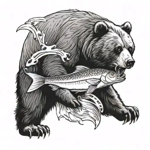 bear eating fish in a river tattoo design idea