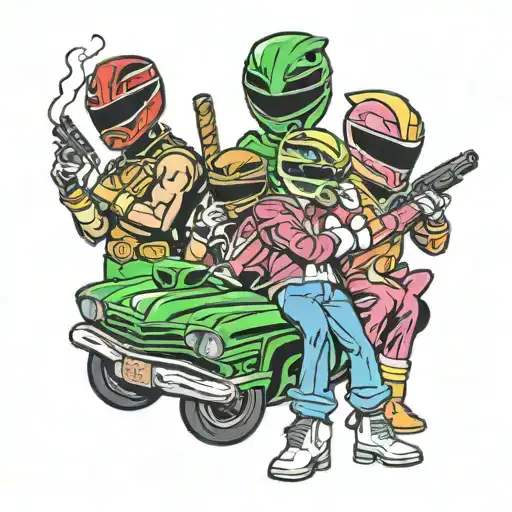 gangster power rangers in front of low rider smoking blunt tattoo design idea