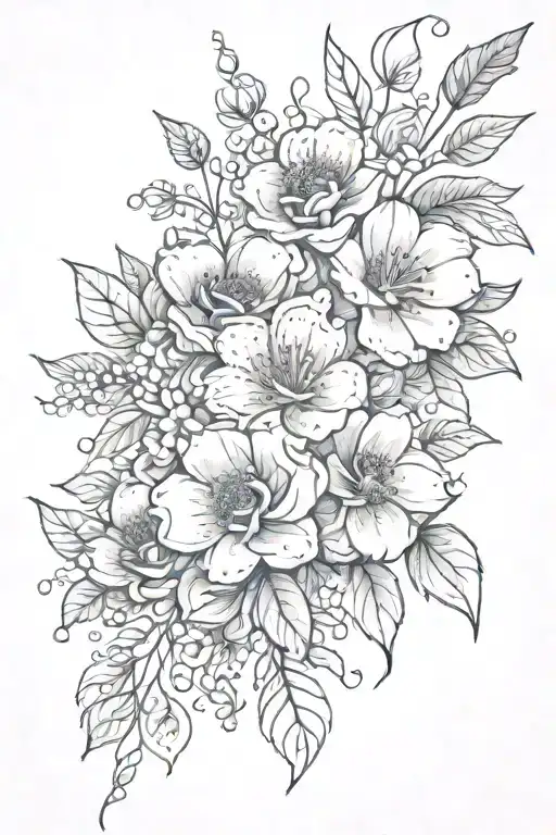 a bouquet of blooming flowers with detailed petals and leaves. Below the bouquet, add elegant, ornamental lines and dot  tattoo design idea