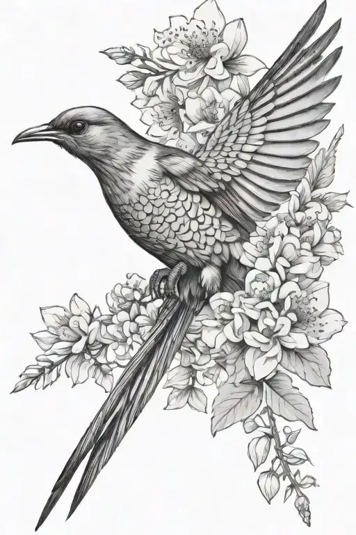 The cuckoo bird spreads its wings sideways among the flowers, its wings stretched and its posture graceful. tattoo design idea