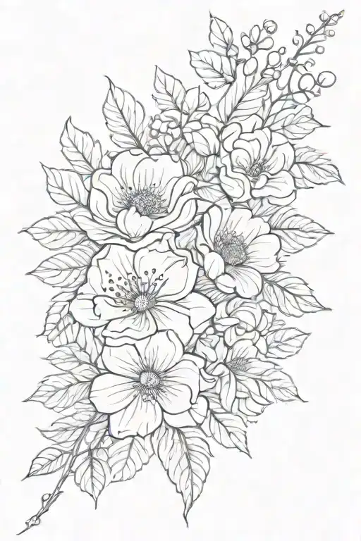 a bouquet of blooming flowers with detailed petals and leaves. Below the bouquet, add elegant, ornamental lines and dot  tattoo design idea