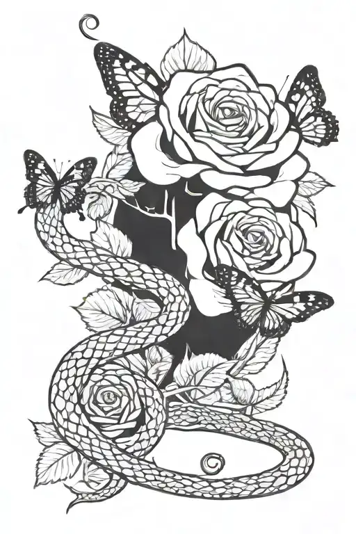 Black and white tattoo design of a rose with a snake wandering around it and a small butterfly resting on it tattoo design idea