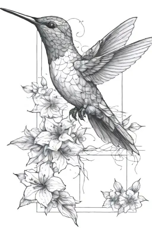 humming bird with flowers above and below tattoo design idea