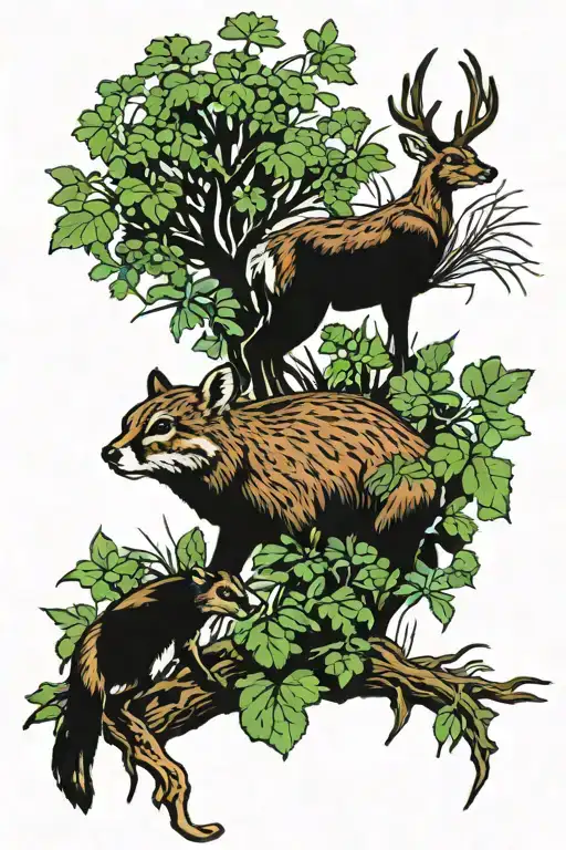 White-tail buck deer munchin' on clover Red-tail hawk sittin' on a limb Chubby old groundhog, croakin' bullfrog  tattoo design idea