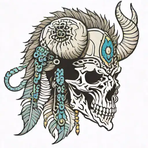 bison skull with blackfoot bead work in horns bahamut head tattoo design idea