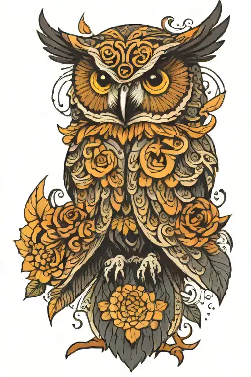 flying owl surrounded by mandala design incorporating tattoo design idea