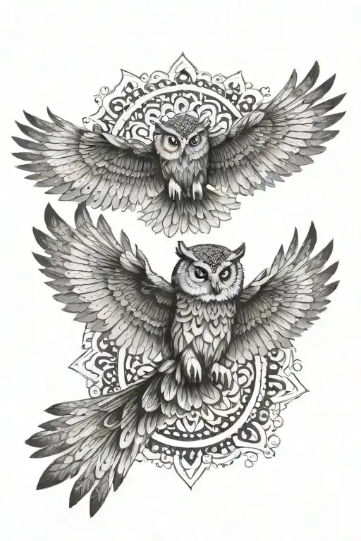 flying owl surrounded by mandala design incorporating tattoo design idea