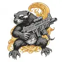 A humanoid honey badger with an AK machine gun fighting a three-headed snake and surrounded by flames. Against the backg tattoo design idea