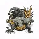 A humanoid honey badger with an AK machine gun fighting a three-headed snake and surrounded by flames. Against the backg tattoo design idea