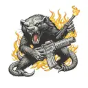 A humanoid honey badger with an AK machine gun fighting a three-headed snake and surrounded by flames. Against the backg tattoo design idea