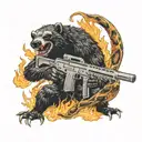 A humanoid honey badger with an AK machine gun fighting a three-headed snake and surrounded by flames. Against the backg tattoo design idea