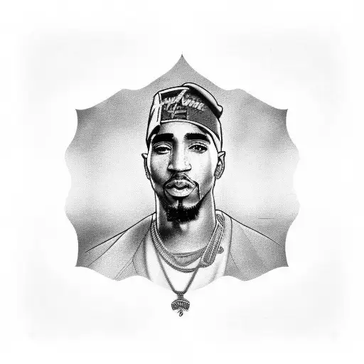A portrait of Tupac Shakur, Drake, and Nipsey Hussle together, surrounded by lyrics from their songs tattoo design idea