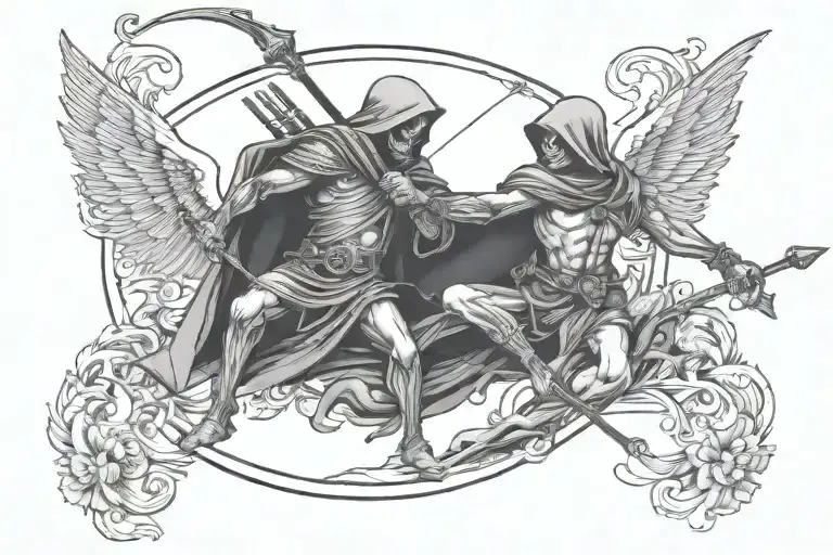 grim reaper killing cupid shooting arrow tattoo design idea
