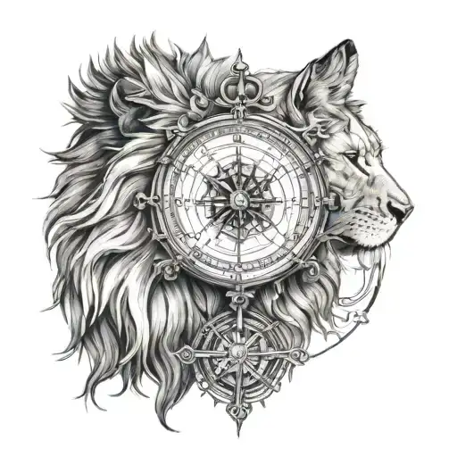 compass with half a dog face half a lion tattoo design idea