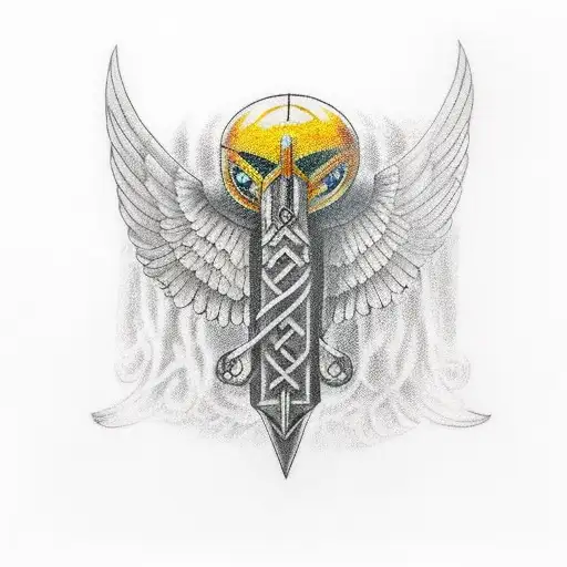 hugin and munin flying around thors hammer tattoo design idea