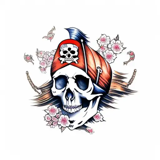 pirate ship with skull and cherry blossom tattoo design idea