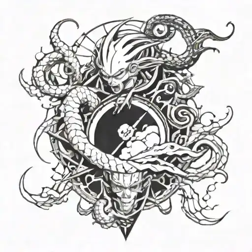 A tattoo design symbolizing the balance between good and evil, with elements from Dragon Ball Z and Satanism, in a blackwork style tattoo design idea