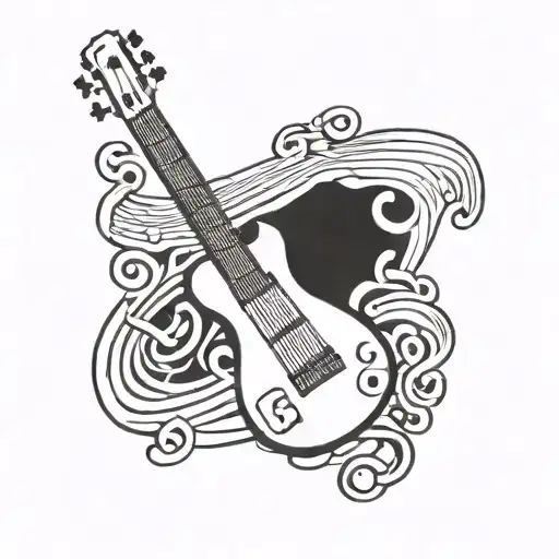 A Kanji symbol representing music intertwined with musical notes and a bass guitar tattoo design idea