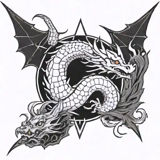 A tattoo design combining symbols of freedom and Satanism, with a dragon ball z inspired dragon in the background tattoo design idea