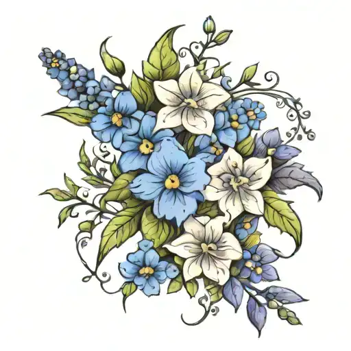 bouque of flowers larkspur and forget me nots tattoo design idea